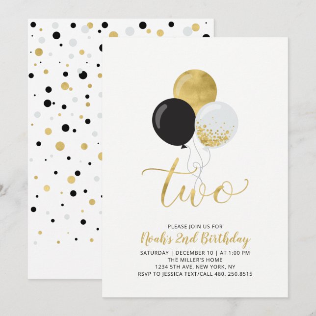 Invitation Black & Gold Balloons Boy 2e fête d'anniversaire (Devant / Derrière)