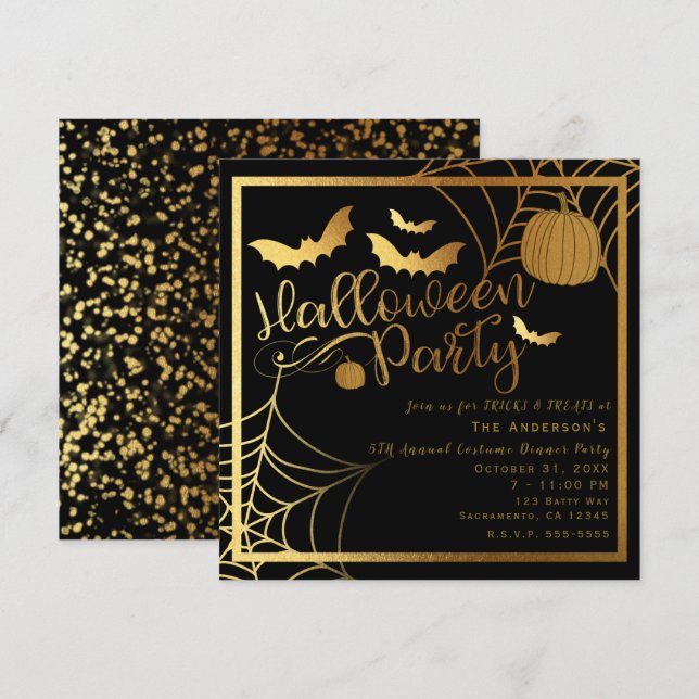Invitation Black & Gold Bats Citrouille Élégante fête d'Hallo (Devant / Derrière)