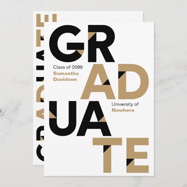 Invitation Black & Gold Big Bold Angle-Cut Lettres Graduation (Devant / Derrière)