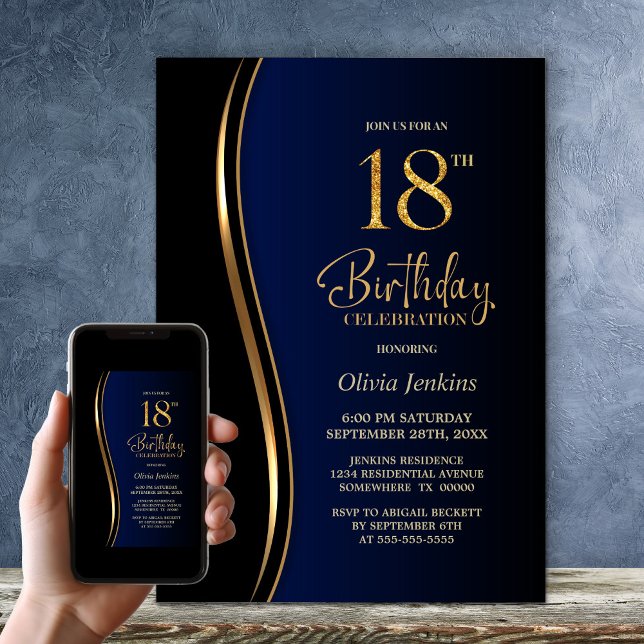 Invitation Black Gold Blue 18e fête d'anniversaire (Créateur téléchargé)