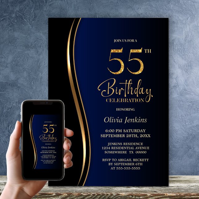 Invitation Black Gold Blue 55e fête d'anniversaire (Créateur téléchargé)