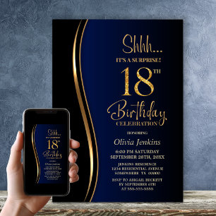Invitation Black Gold Blue Surprise 18e anniversaire