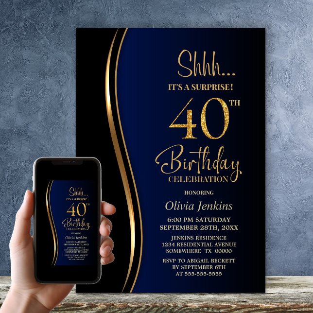 Invitation Black Gold Blue Surprise 40e anniversaire (Créateur téléchargé)