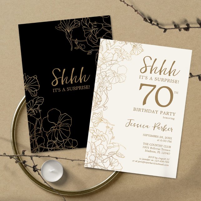 Invitation Black Gold Botanical Surprise 70e anniversaire (Créateur téléchargé)