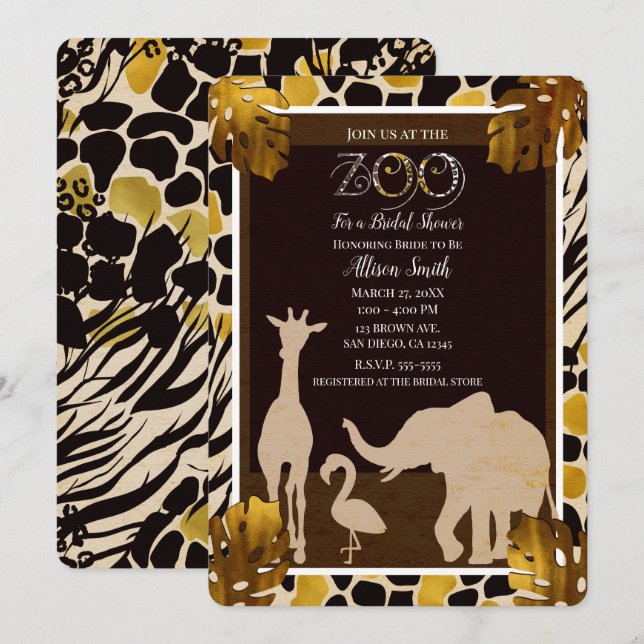 Invitation Black Gold Brown Zoo Animaux Safari Fête des marié (Devant / Derrière)