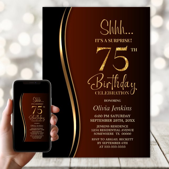 Invitation Black Gold Burnt Orange Surprise 75e anniversaire (Créateur téléchargé)