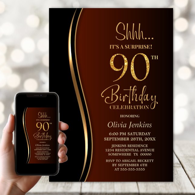 Invitation Black Gold Burnt Orange Surprise 90e anniversaire (Créateur téléchargé)