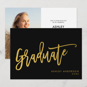 Invitation Black Gold Calligraphy Script Graduate Photo Party