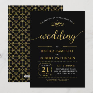 Invitation Black & Gold   Cérémonie de mariage classique élég