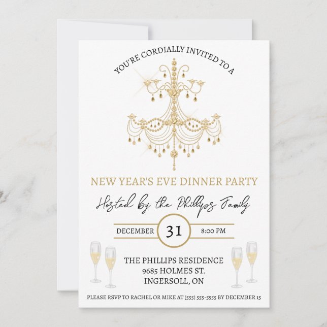 Invitation Black & Gold, Champagne, Soirée du Nouvel An (Devant)
