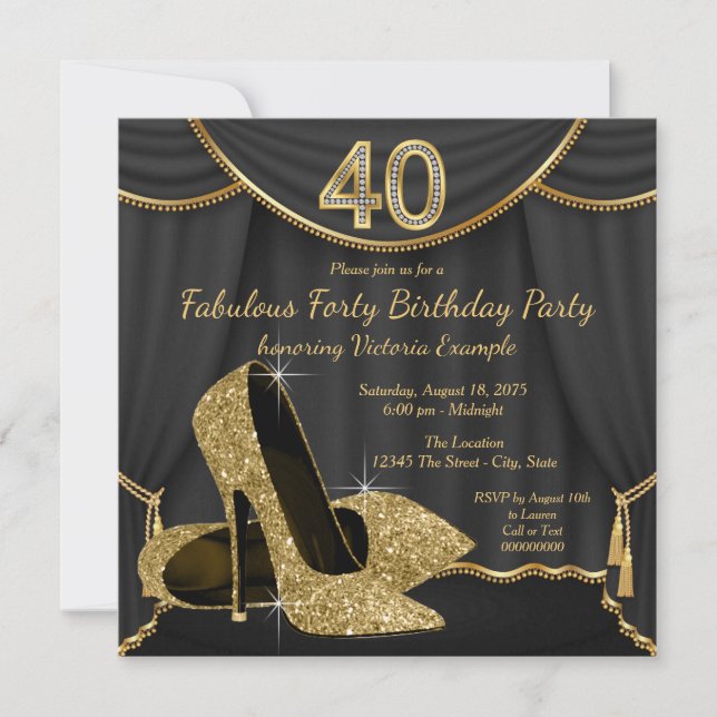 Invitation Black Gold Chaussure Fabuleux 40e fête d'anniversa (Devant)