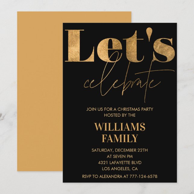 Invitation Black Gold Christmas Party Fêtons Noël (Devant / Derrière)