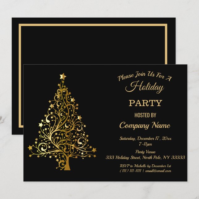 Invitation Black Gold Christmas Tree (Devant / Derrière)