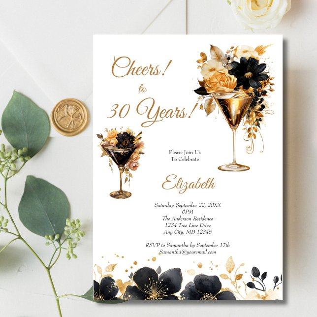 Invitation Black Gold Cocktails Drinks Florals 30th Birthday (Black gold Florals and Cocktails 30th birthday party invitation for her. Printed or Digital Download)