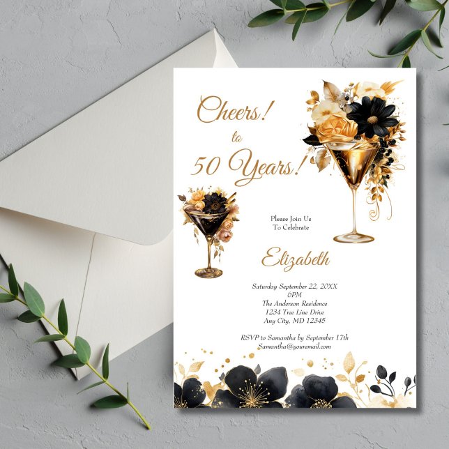 Invitation Black Gold Cocktails Drinks Florals 50th Birthday (Black Gold Watercolor Florals Cocktails 50th Birthday party invitation for her. Digital or Printed)