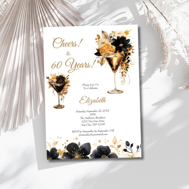 Invitation Black Gold Cocktails Drinks Florals 60th Birthday (Black Gold Florals Cocktails 60th Birthday party invitation for her. Printed or Digital)