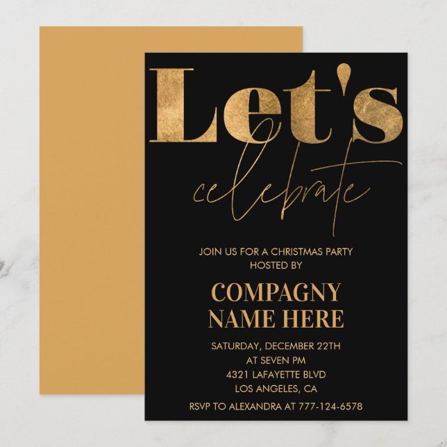 Invitation Black Gold Company Fête de Noël Fêtons la fête (Devant / Derrière)