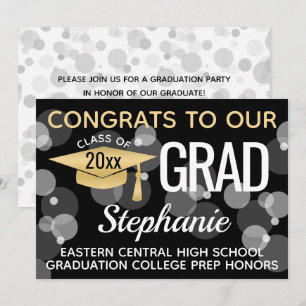 Invitation Black Gold Confetti Bokeh Bubbles Graduation