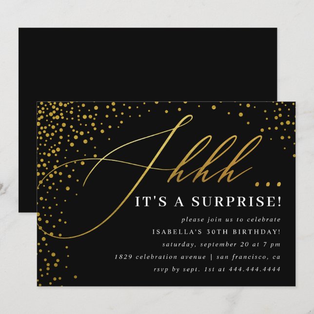 Invitation Black & Gold Confetti Script Surprise Party (Devant / Derrière)