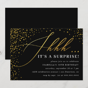 Invitation Black & Gold Confetti Script Surprise Party