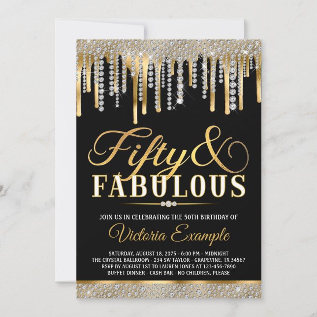 Invitation Black Gold Diamond Drip Fabuleux 50 Anniversaire (Devant)