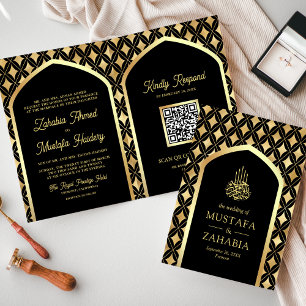 Invitation Black Gold Diamonds Arch QR Code Mariage musulman