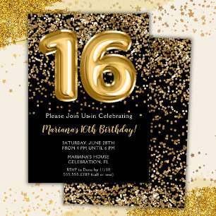 Invitation Black Gold Enfants fille 16e anniversaire de fête