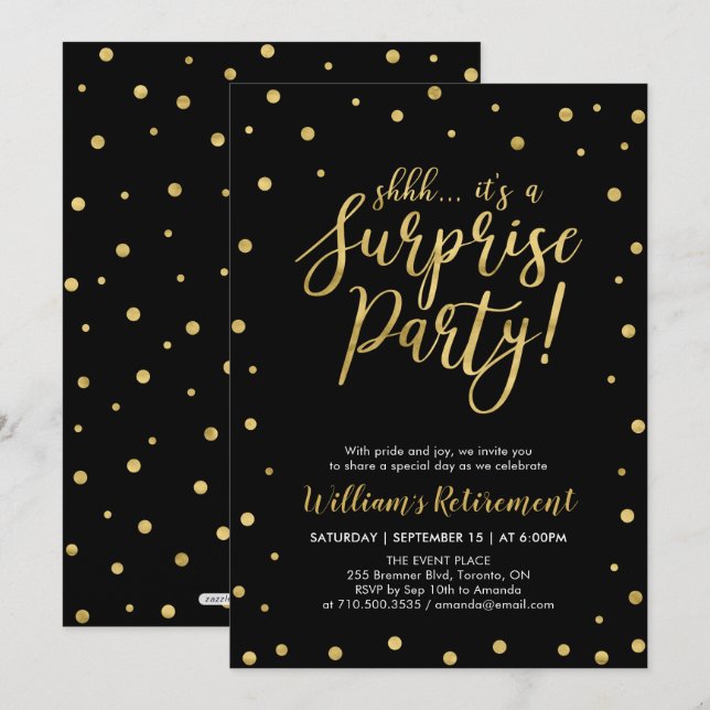 Invitation Black & Gold | Fête de retraite surprise moderne (Devant / Derrière)