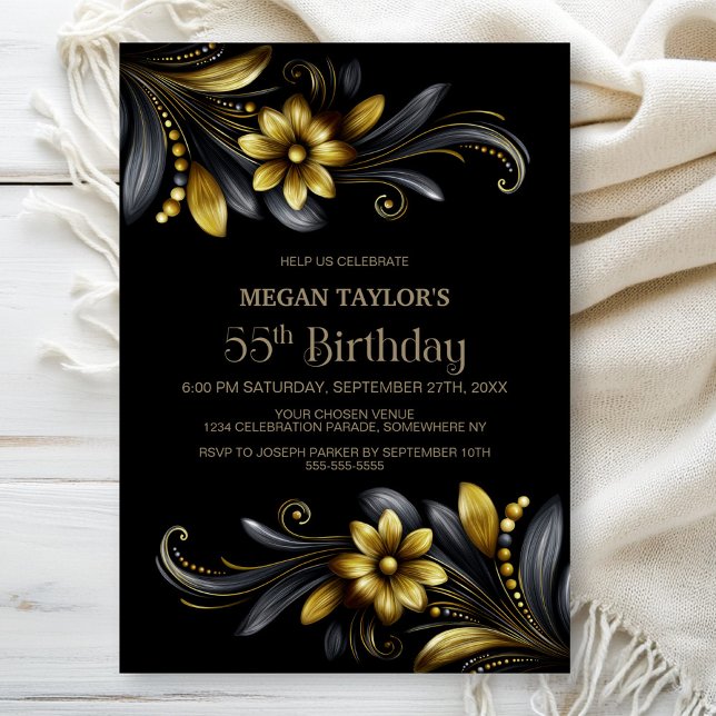 Invitation Black Gold Floral 55th Birthday Party (Créateur téléchargé)