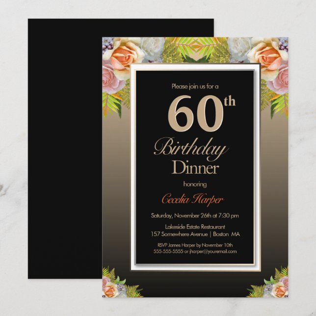 Invitation Black Gold Floral 60e Anniversaire Dîner (Devant / Derrière)