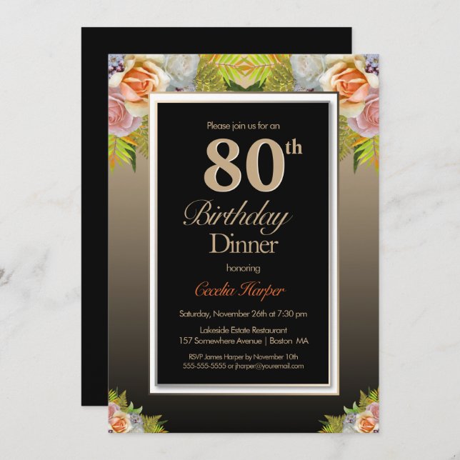 Invitation Black Gold Floral 80e Anniversaire Dîner (Devant / Derrière)