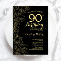 Black Gold Floral 90e fête d'anniversaire
