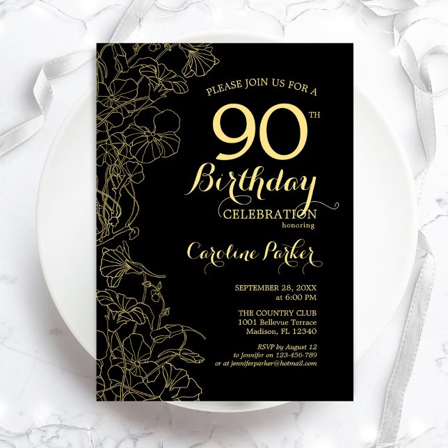 Invitation Black Gold Floral 90e fête d'anniversaire (Créateur téléchargé)