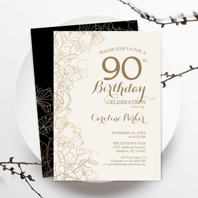 Invitation Black Gold Floral 90e fête d'anniversaire (Créateur téléchargé)
