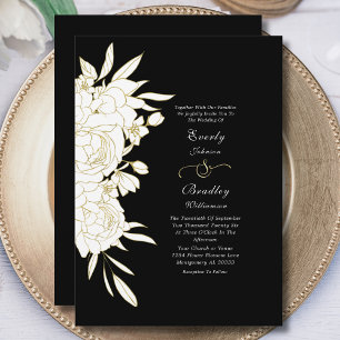 Invitation Black Gold Floral Élégant Moderne Chic Mariage