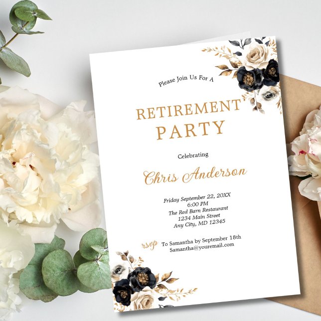 Invitation Black Gold Floral Élégant Parti de retraite modern (Black Gold Watercolor Florals Retirement Party Invitation. Elegant and Modern. Printed or Digital )