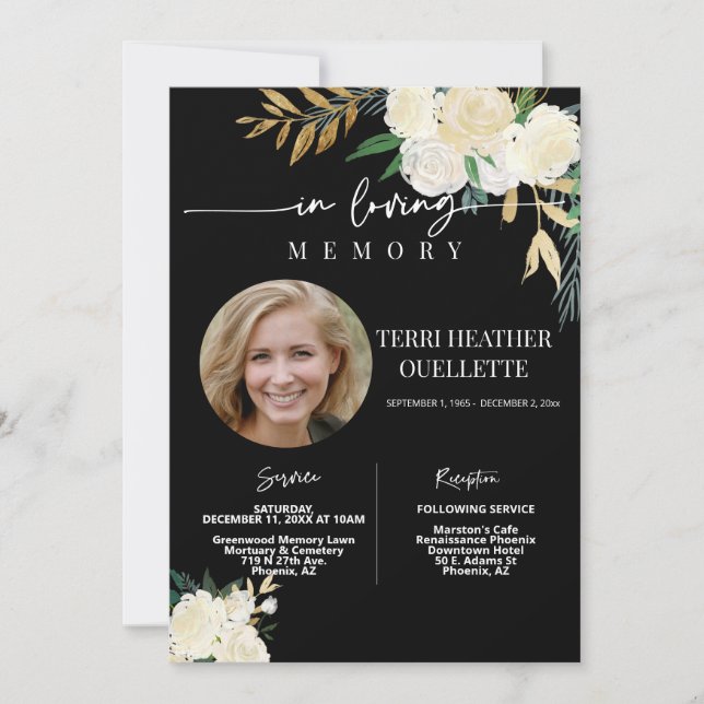 Invitation Black Gold Floral Funeral Service de commémoration (Devant)