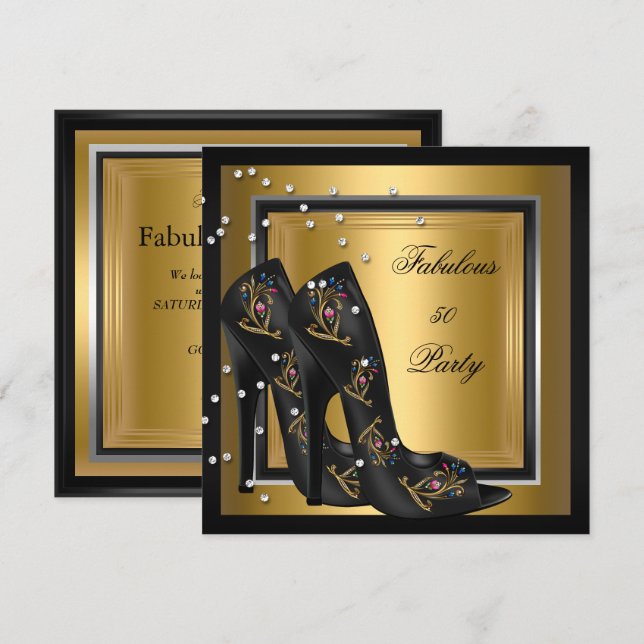 Invitation Black Gold Floral Haut talons femmes fête d'annive (Devant / Derrière)
