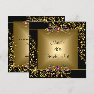 Invitation Black Gold Floral rose 40e fête d'anniversaire