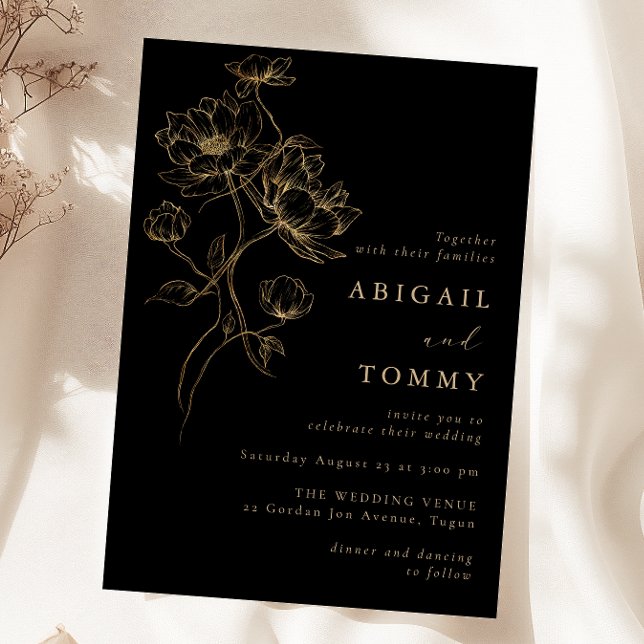 Invitation Black, Gold Flowers Classic Modern Wedding (Créateur téléchargé)