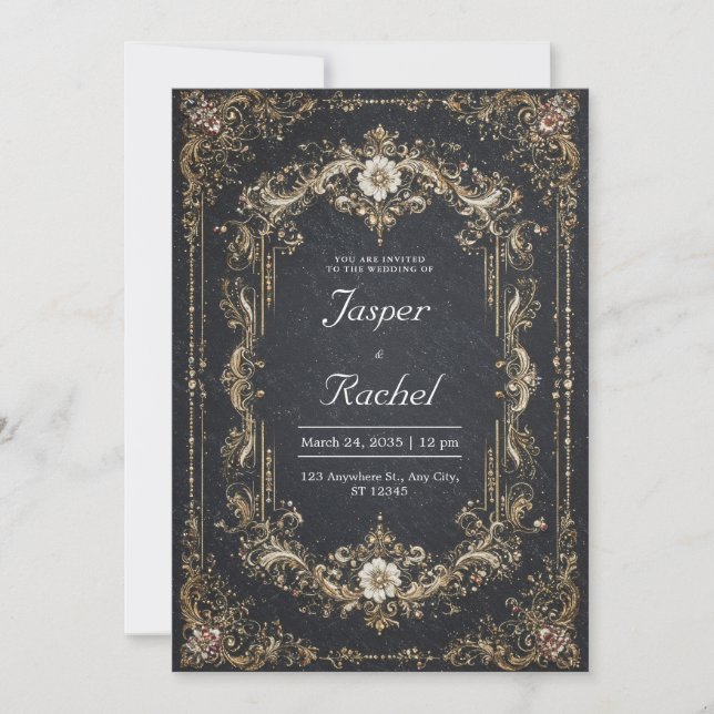 Invitation Black Gold Gem Mariage baroque (Devant)