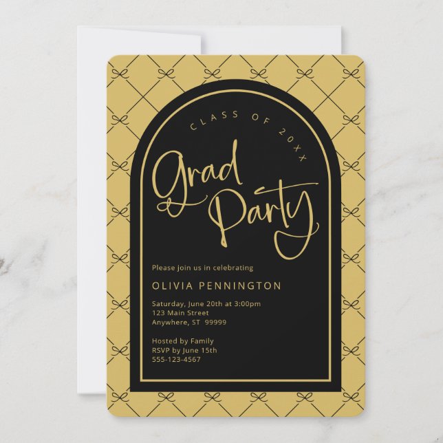 Invitation Black Gold Girly Bows Motif Graduation Party (Devant)