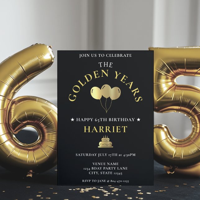 Invitation Black & Gold Golden Years 65e anniversaire (Créateur téléchargé)