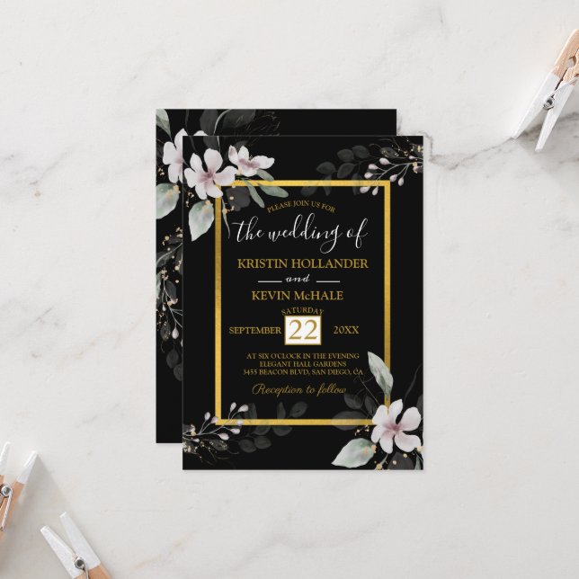 Invitation Black Gold gothique Dusty Fleurs blanches aquarell (Devant/Arrière en situation)