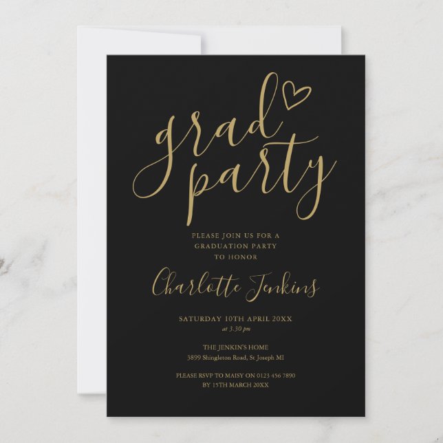 Invitation Black Gold Grad Script Heart Graduation Party (Devant)