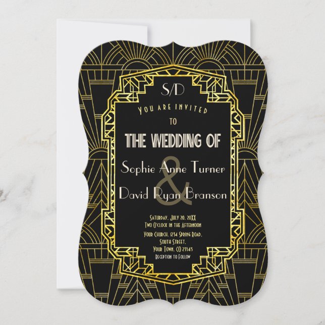 Invitation Black & Gold Great Gatsby Art Déco Mariage (Devant)