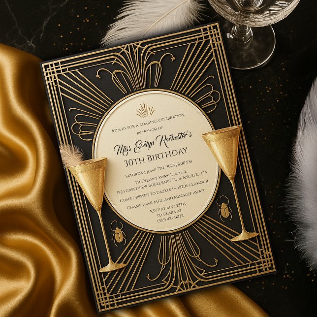 Invitation Black Gold Great Gatsby Jalon Anniversaire (Black Gold Great Gatsby Milestone Birthday Invitation
)