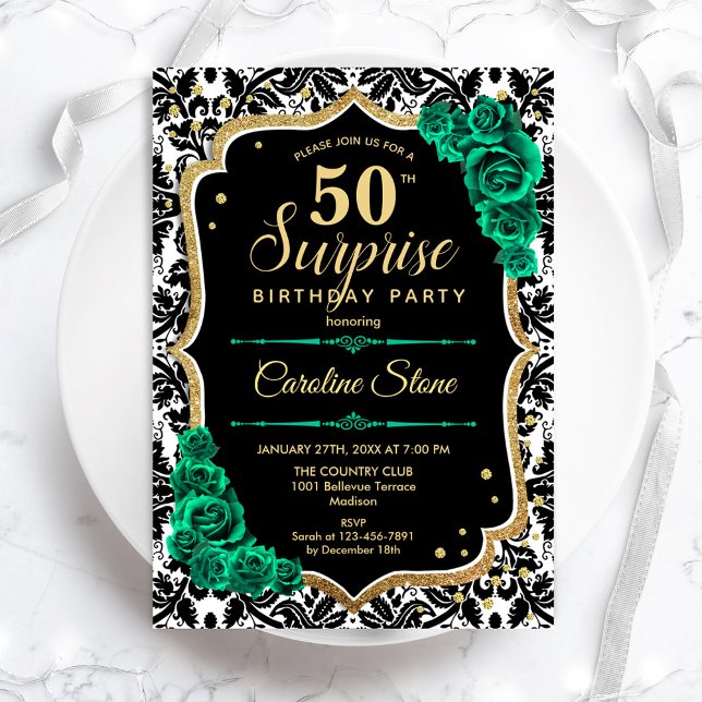 Invitation Black Gold Green Roses Surprise 50e anniversaire (Créateur téléchargé)