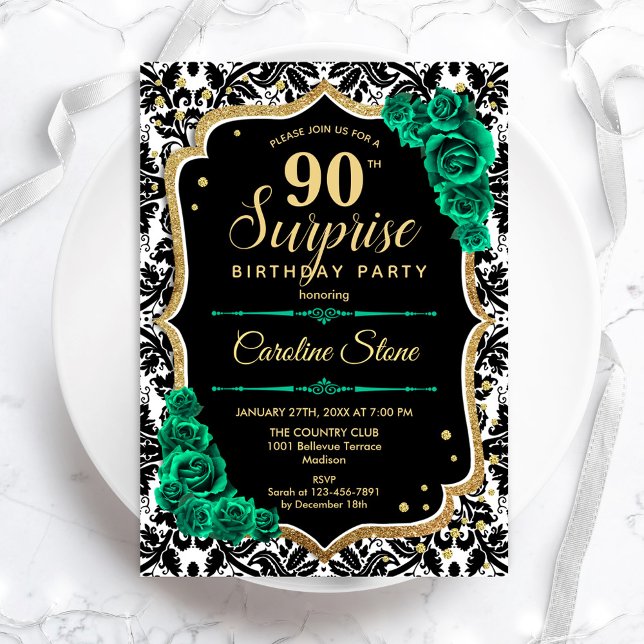 Invitation Black Gold Green Roses Surprise 90e anniversaire (Créateur téléchargé)