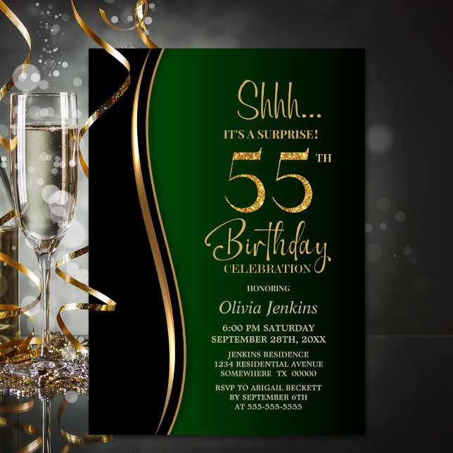 Invitation Black Gold Green Surprise 55e anniversaire (Créateur téléchargé)